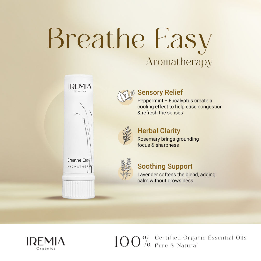 IREMIA Organics Breathe Easy in haler with benefit sensory relief, herbal clarity, soothing support