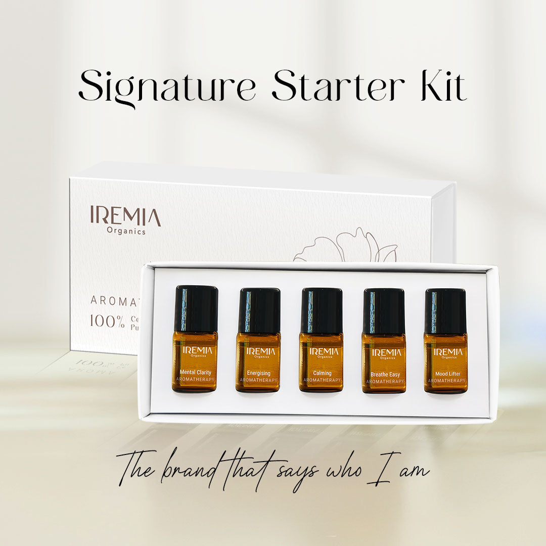 IREMIA Organics Signature Starter Kit with five 2ml Mental Clarity, 2ml Energising, 2ml Calming, 2ml breathe easy, 2ml mood liver