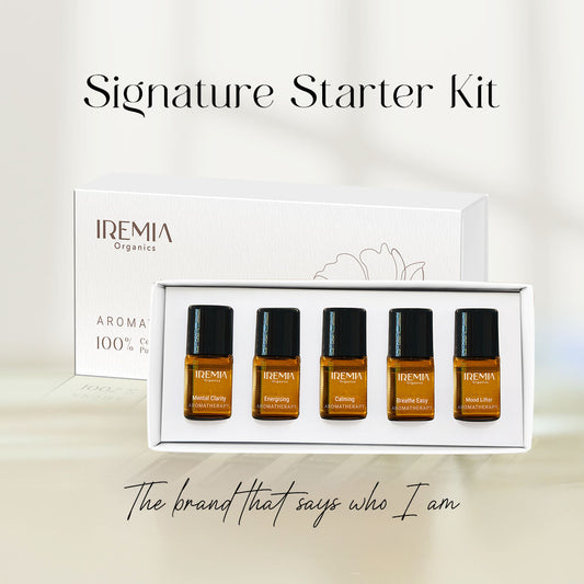 IREMIA Organics Signature Starter Kit with five 2ml Mental Clarity, 2ml Energising, 2ml Calming, 2ml breathe easy, 2ml mood liver